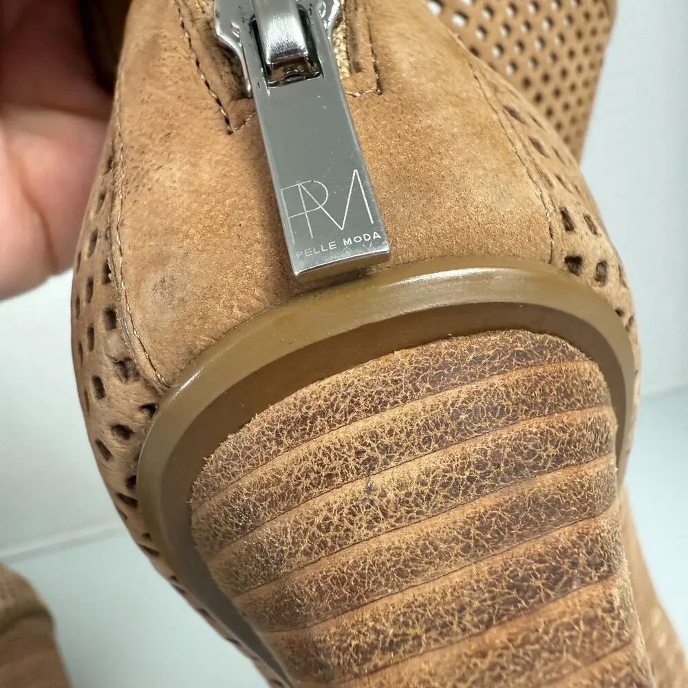 Pelle Moda Women's Tan Perforated Leather Peep Toe Wedge Bootie Shoes Size 6 M